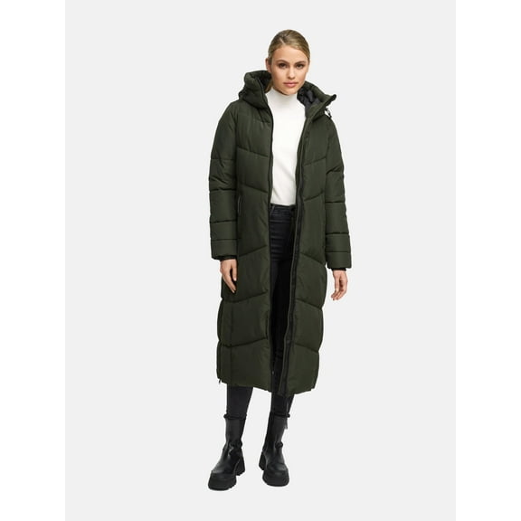 Marikoo Women's Extra-Long Quilted Puffer Winter Coat with Hood - Wind-Resistant - Firella XVI