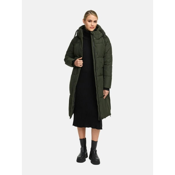 Marikoo Women’s Knee-Length Quilted Puffer Winter Coat with Hood - Water-Repellent - Michikoo XVI