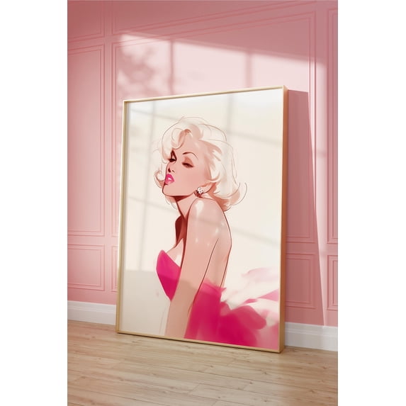 Marilyn Fashion Illustration, Pink Dopamine Room Decor, Wall Art Home Decor #2265, Stretched Canvas Size 16x24
