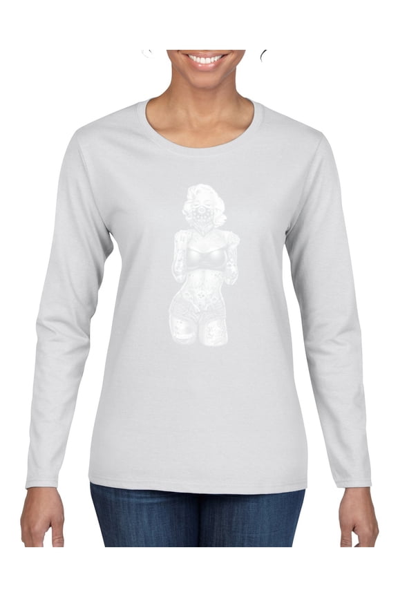 Marilyn Monroe Bandana Tattoo Pop Culture Womens Graphic Long Sleeve T-Shirt, White, Medium