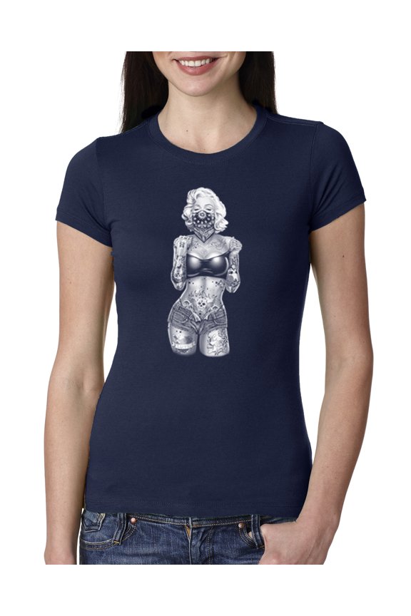 Marilyn Monroe Bandana Tattoo Pop Culture Womens Slim Fit Junior Tee, Navy, 2XL