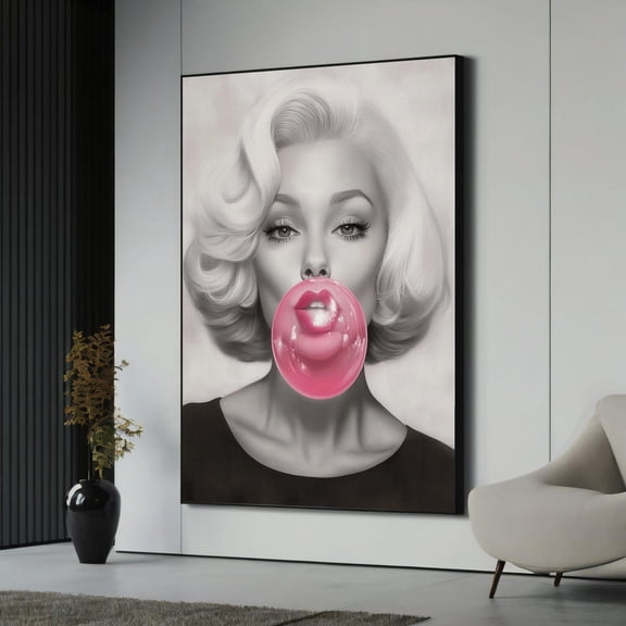 Marilyn Monroe Canvas Painting - Iconic Black And White Art With Pink Bubblegum, Framed Wall Art, Ready To Hang, Perfect Gift, Unframed Poster Size 8x12