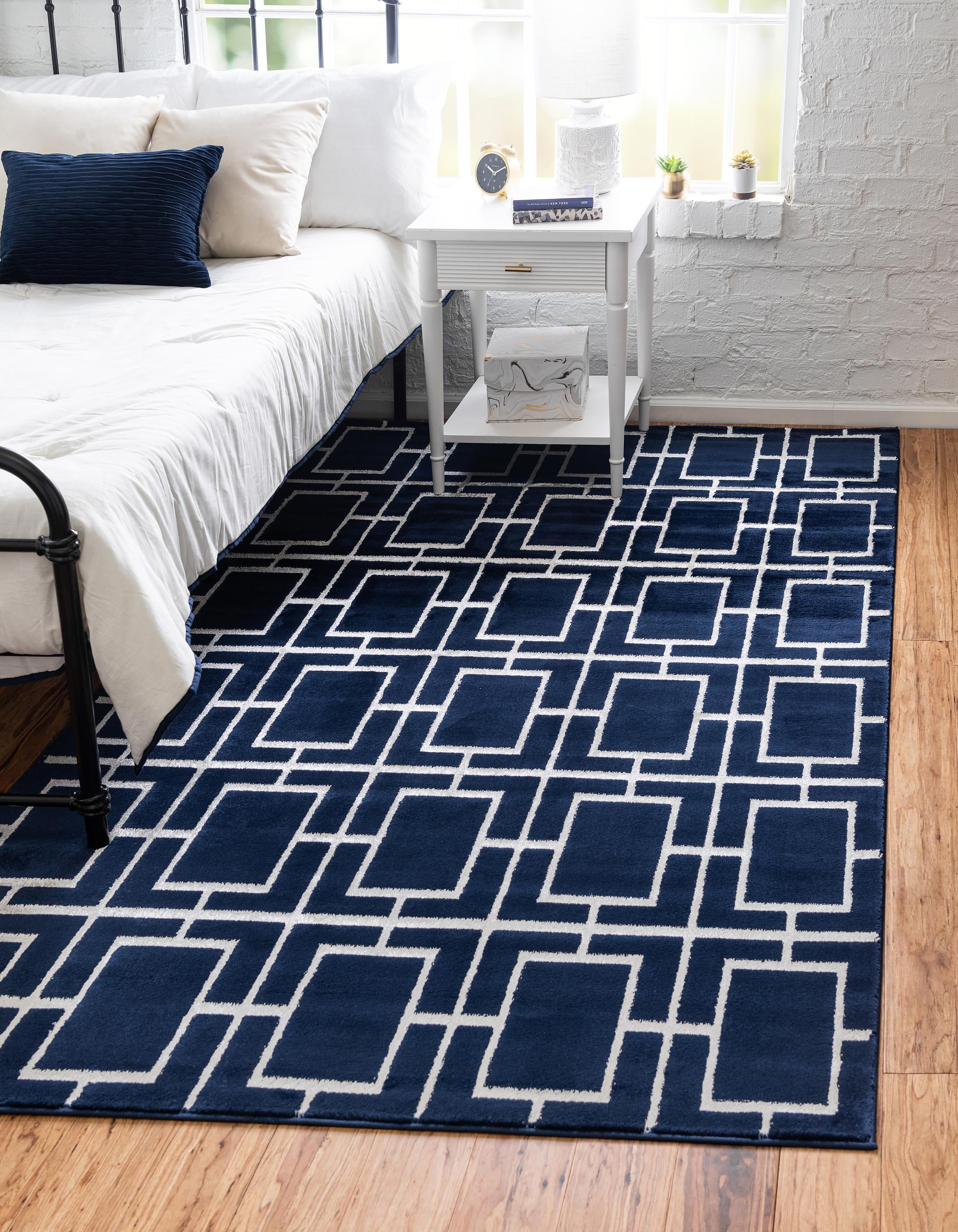 Navy Blue and Silver Geometric Synthetic Rectangular Rug