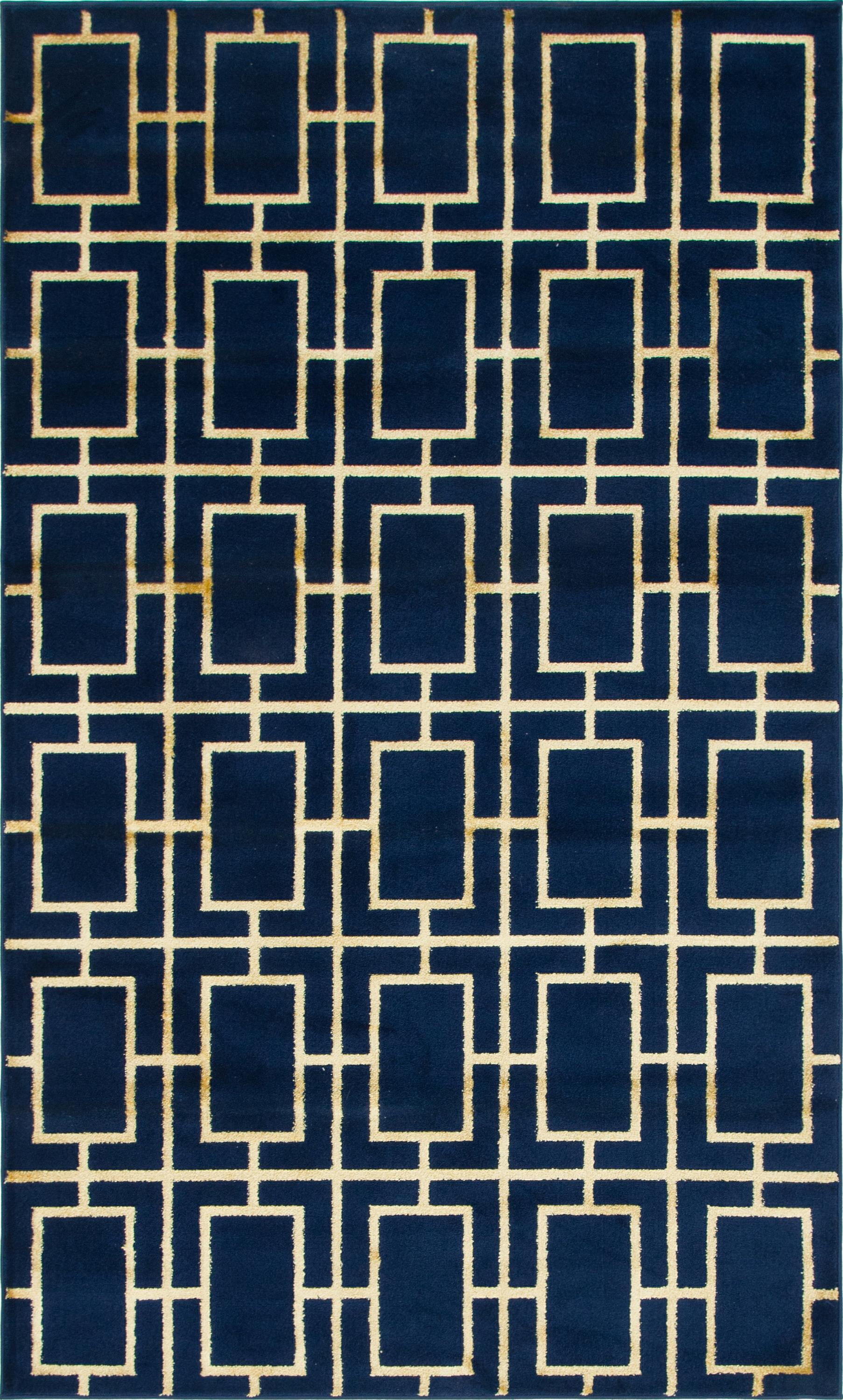 Navy Blue and Gold Geometric 8' x 10' Stain-Resistant Rug