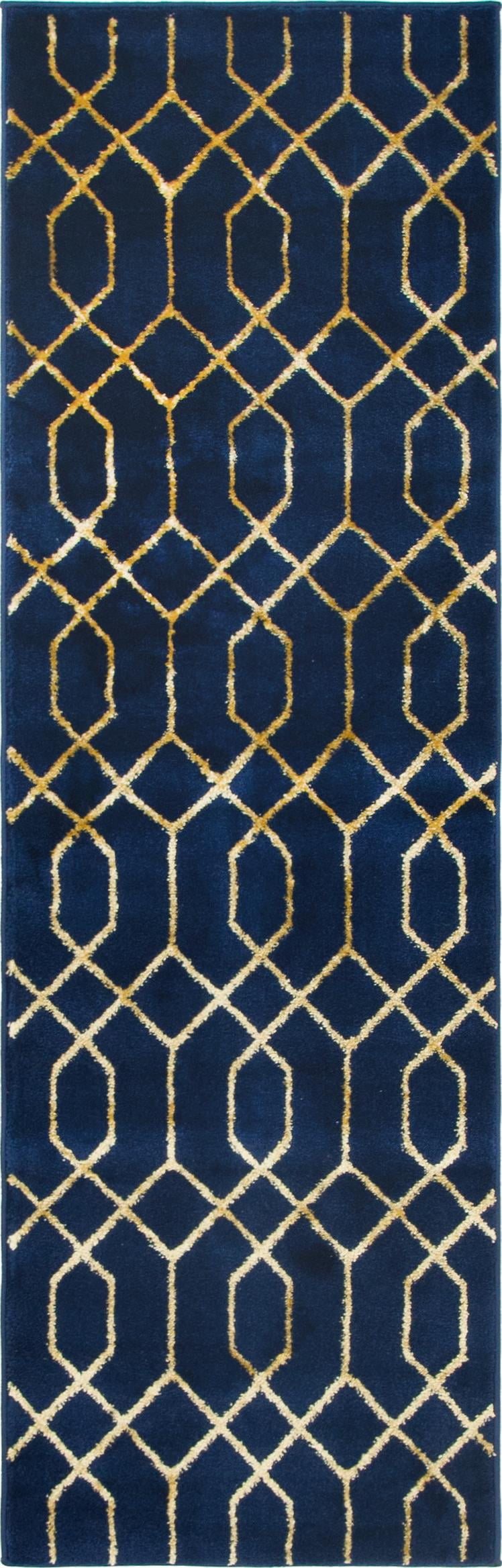 Regency Era Navy Blue & Gold Trellis Synthetic Runner Rug