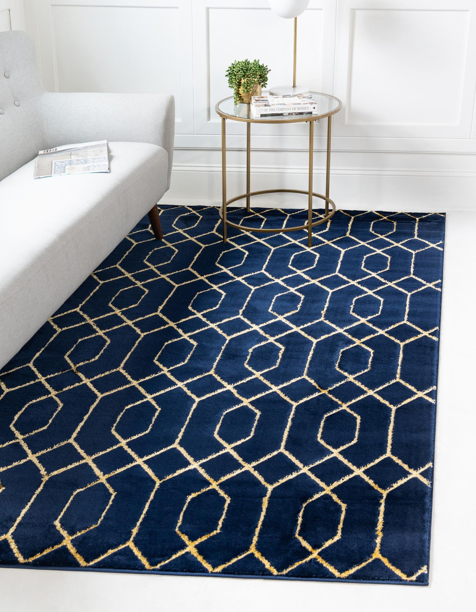 Navy Blue and Gold Trellis Synthetic Rectangular Rug