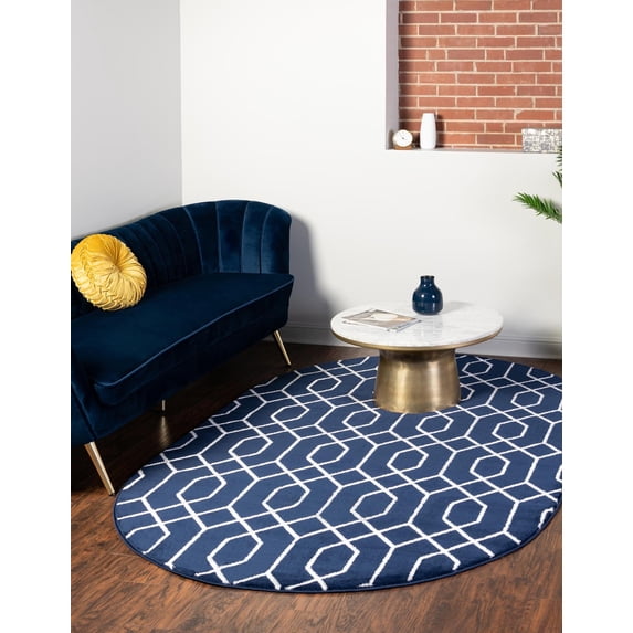 Marilyn Monroe Glam Collection Area Rug - Trellis (5' 3" x 8' Oval Navy Blue Silver/Silver)