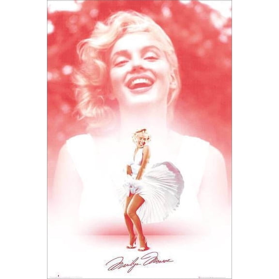 Marilyn Monroe - Smiling Wearing White Dress Pink Background Laminated Poster - 24.5" x 36.5"