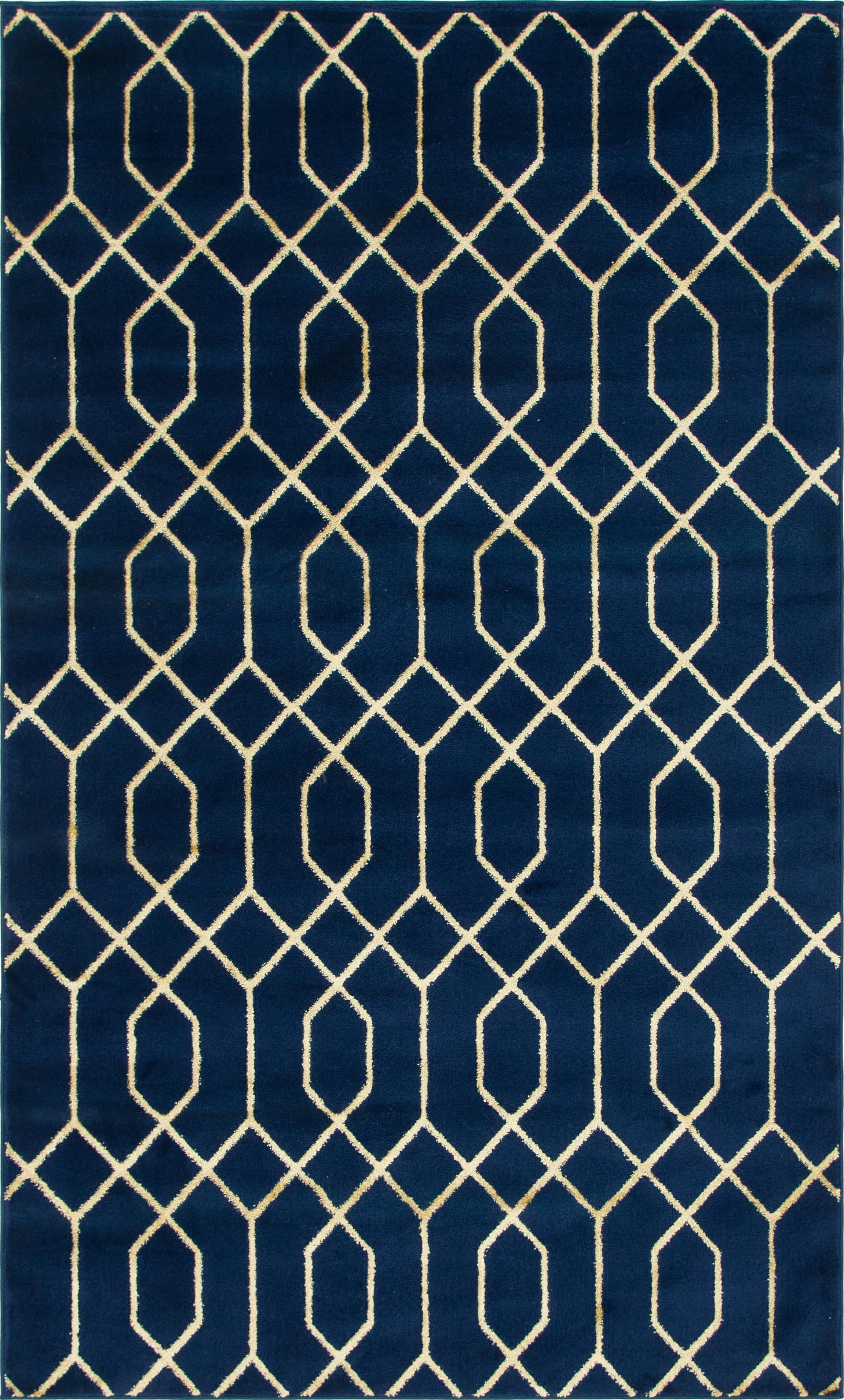 Navy Blue and Gold Trellis Rectangular Synthetic Area Rug