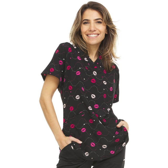 Marilyn Monroe V-Neck Chevron Kisses Printed Scrub Top
