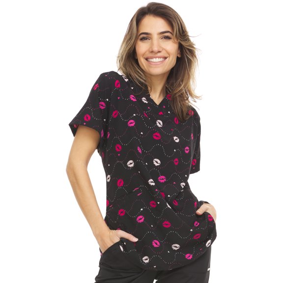 Marilyn Monroe V-Neck Chevron Kisses Printed Scrub Top