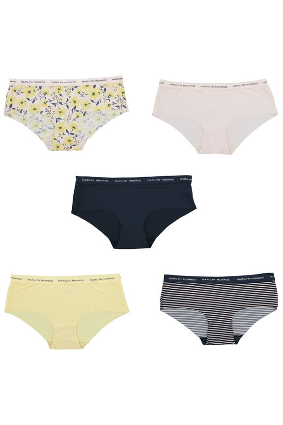 Women's Seamless Sports Band Hipster Panties 5 Pack - Navy Blue & Yellow Floral - Medium