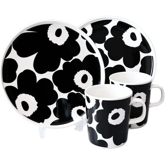 Marimekko - Oiva Unikko Breakfast Set Black & White 2 Mugs & 2 Plates Stoneware Coffee Mugs & Salad Plates 4-Pc