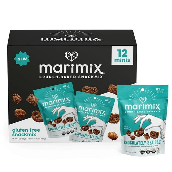 Marimix Snack Mix, Crunch Baked Sweet & Salty Savory Plant Based Naturally Gluten Free Whole Grain Fiber Charcuterie Pretzel Party Mix, No Artificial Ingredients, 12 Count, Mini Chocolatey Sea Salt