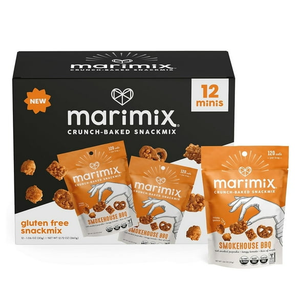 Marimix Snack Mix, Crunch Baked Sweet & Salty Savory Plant Based Naturally Gluten Free Whole Grain Fiber Charcuterie Pretzel Trail Party Mix, No Artificial Ingredients, 12 Count (Mini Smokehouse BBQ)