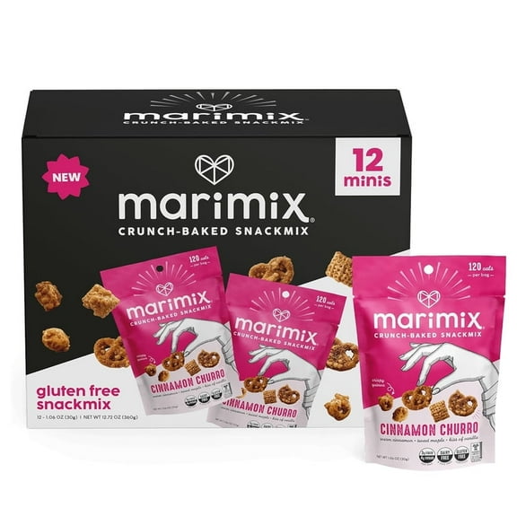 Marimix Snack Mix, Crunch Baked Sweet & Salty Savory Plant Based Naturally Gluten Free Whole Grain Fiber Charcuterie Pretzel Trail Party Mix, No Artificial Ingredients, 12 Count, Mini Cinnamon Churro