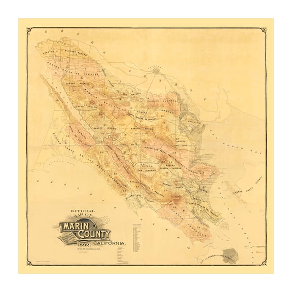 Marin County California Art, 1892 Vintage Map of Marin County CA History Wall Decor Gift, Old Marin County CA Map - 30" x 30" Unframed Print