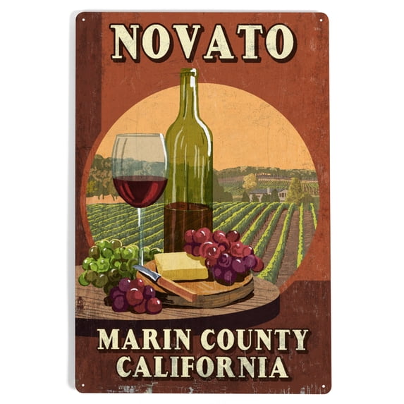 Marin County, California, Novato, Wine Tasting Vintage Sign (12x18 Aluminum Art, Indoor Outdoor Metal Sign Decor)