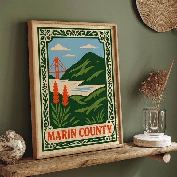Marin County Retro California Coast Travel Art Poster, Unframed Paper Poster 8x10in