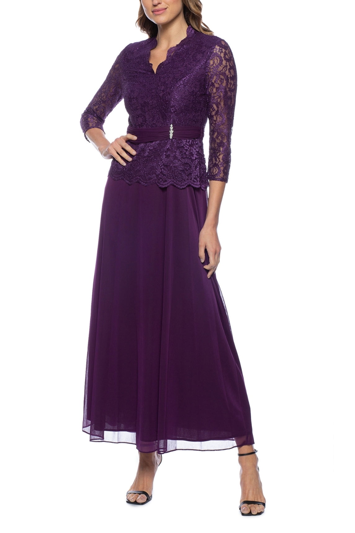 Marina 3 4 Sleeve Surplice V Neck Lace Bodice Chiffon Long Dress Walmart