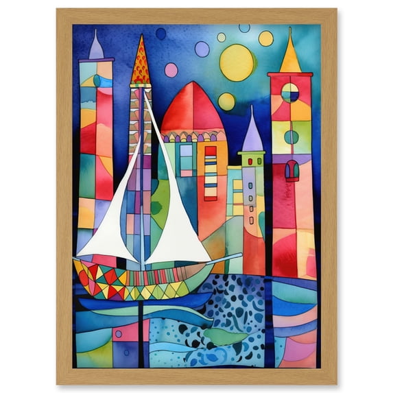 Marina At Night Colourful Folk Art Watercolour Painting Artwork Framed Wall Art Print A4