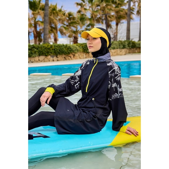 Black Full Coverage Modest Burkini With Sleeve Detail M2512