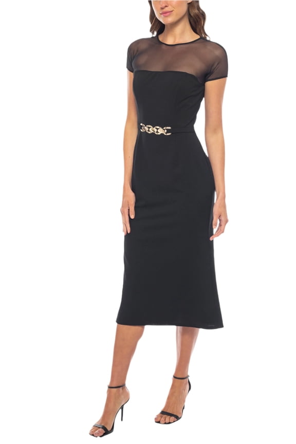Boat Neck Cap Sleeves Scuba Crepe Illusion Midi Bodice Dress Color: BLACK, Size: M