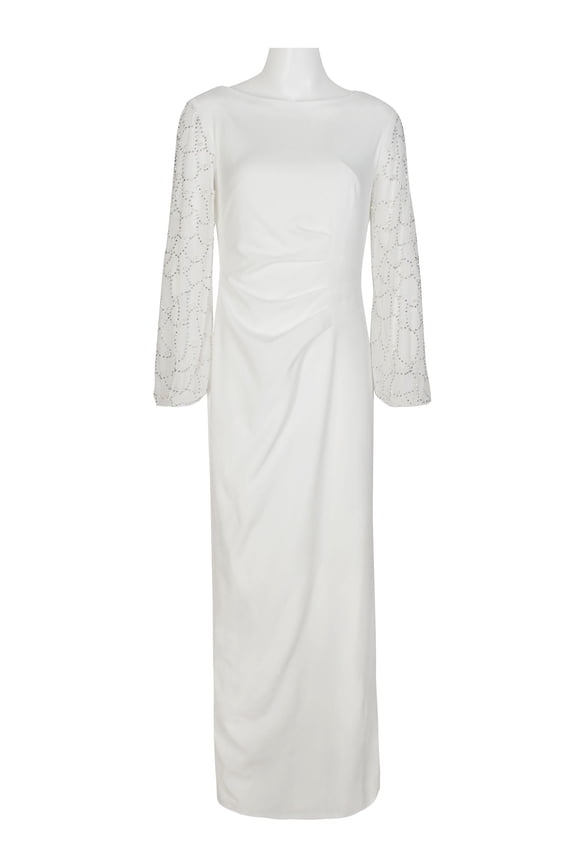 Boat Neck Embellished Chiffon Sleeve Pleated Side Zipper Back Slit Back Solid Crepe Dress-IVORY / 4