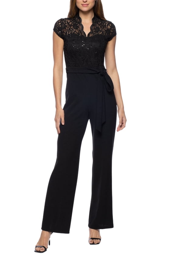 Cap Sleeve V-Neck Tie Waist Lace Bodice Jumpsuit - Elegant Women's Fashion Color: BLACK, Size: XS
