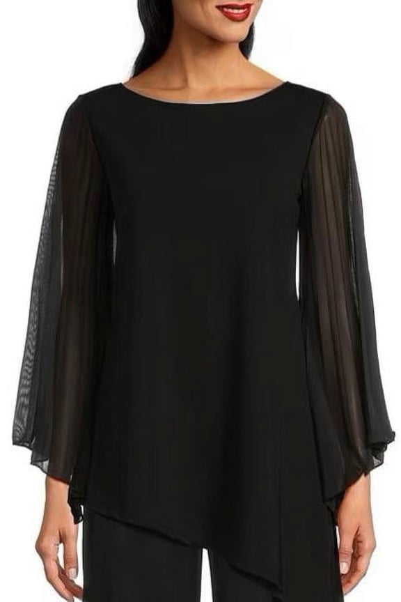 Chiffon Sleeve Boat Neck Scuba Crepe Top Color: BLACK, Size: S