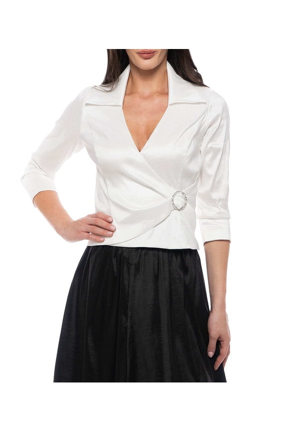 Collared V-Neckline 3/4 Sleeve Stretch Taffeta Rhinestone Embellishment Wrap Blouse Color: WHITE, Size: XL