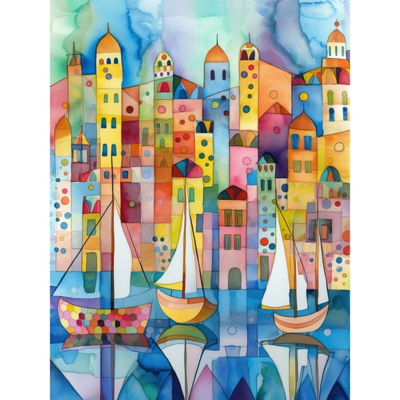 Marina Colourful Cityscape Pattern Folk Art Watercolour Painting Extra Large XL Wall Art Poster Print