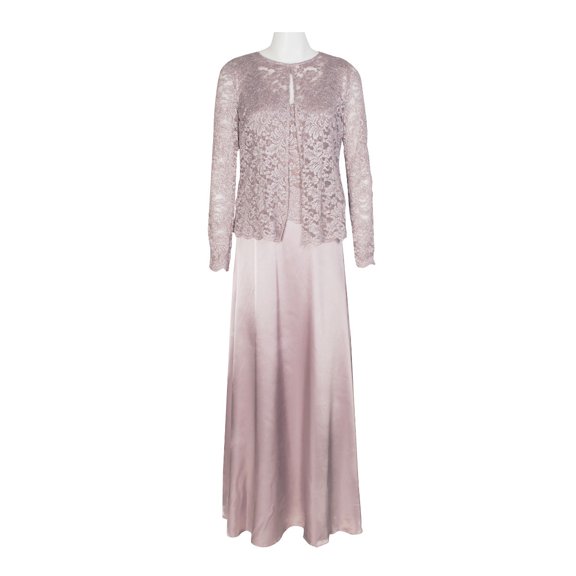 Marina Crew Neck Sleeveless Embroidered Top Zipper Back Solid Satin Dress with Jacket 2 Piece Set-MAUVE / 6