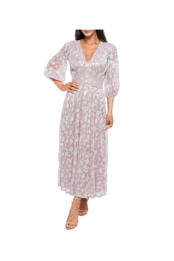 Deep V-Neckline 3/4 Sleeves Ruched Waist Back Zipper Closure Metallic Floral A-Line Dress (Plus Size) Color: BLUSH, Size: 1X