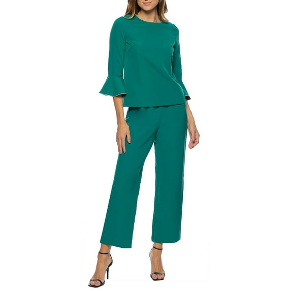 Marina Embellished Boat Neck Circular Sleeve Keyhole Back Stretch Crepe Top with Elastic Mid Waist Pant (2 Piece Set)-EMERALD / 10