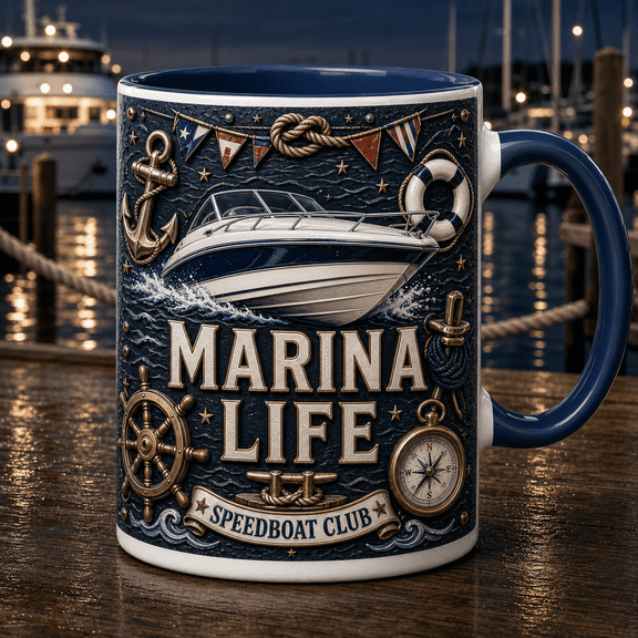 Marina Life Mug 3D Effect Speedboat Club Boating Coffee Cup for Boat Lovers