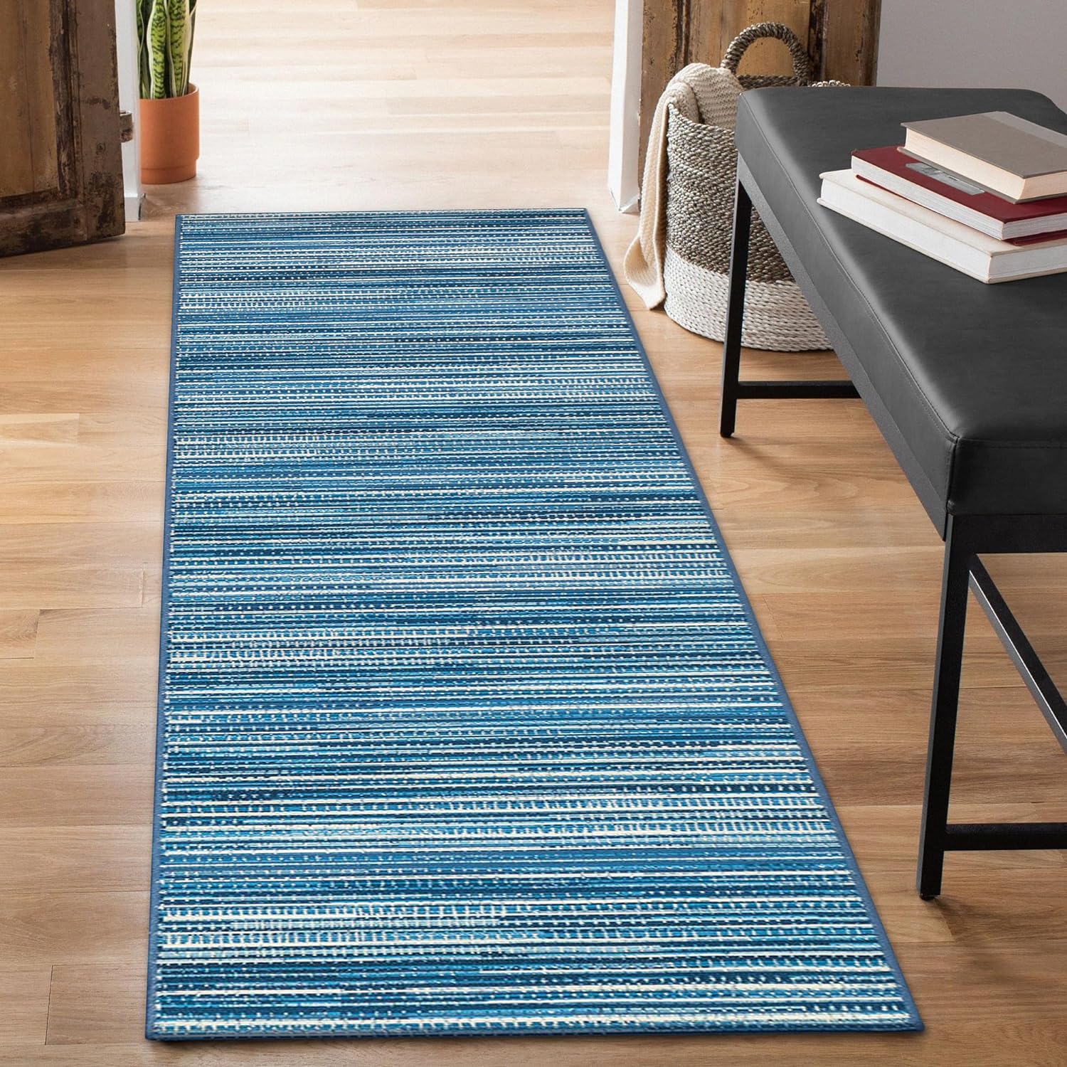 Marina Low Profile Durable Indoor/Outdoor Woven Rug Stripes China Blue 1'11" X 7'6"