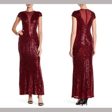 Marina Mesh Inset Sequin Cap Sleeve Gown, Various Sizes: 10/Red