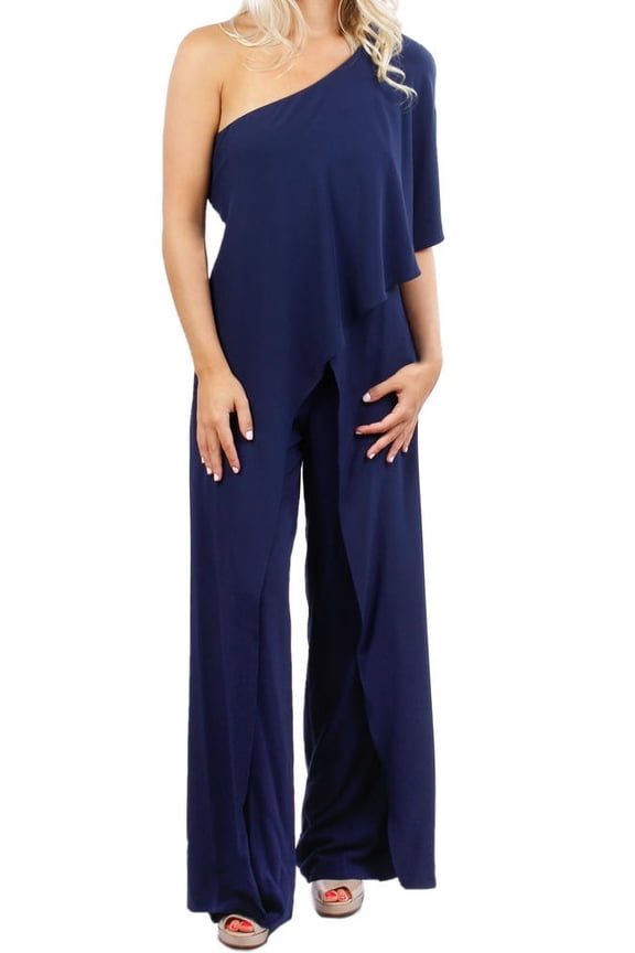 Navy Ruffled One-Shoulder Wide-Leg Womens Jumpsuit