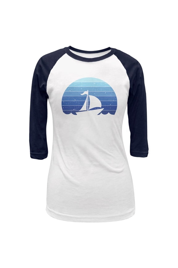 Marina Ocean Sail Boat Silhouette Retro Sunset Blue Juniors 3/4 Raglan T Shirt White-Navy MD