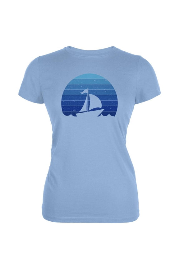 Marina Ocean Sail Boat Silhouette Retro Sunset Blue Juniors Soft T Shirt Light Blue 2XL