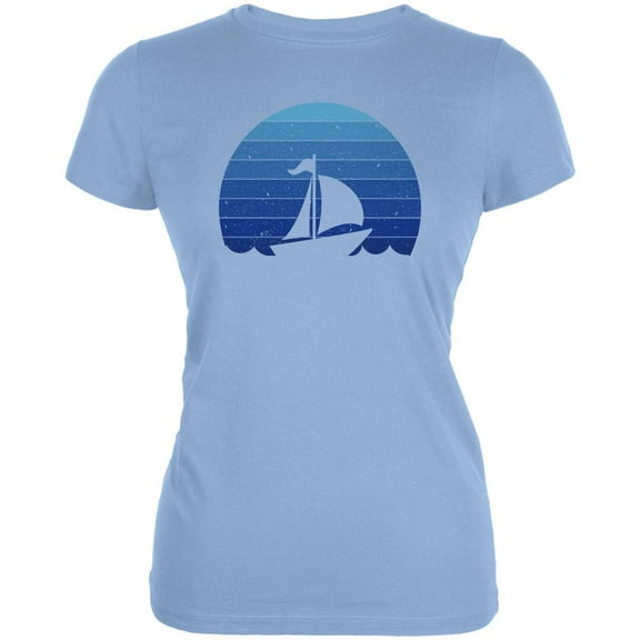 Marina Ocean Sail Boat Silhouette Retro Sunset Blue Juniors Soft T Shirt Light Blue MD