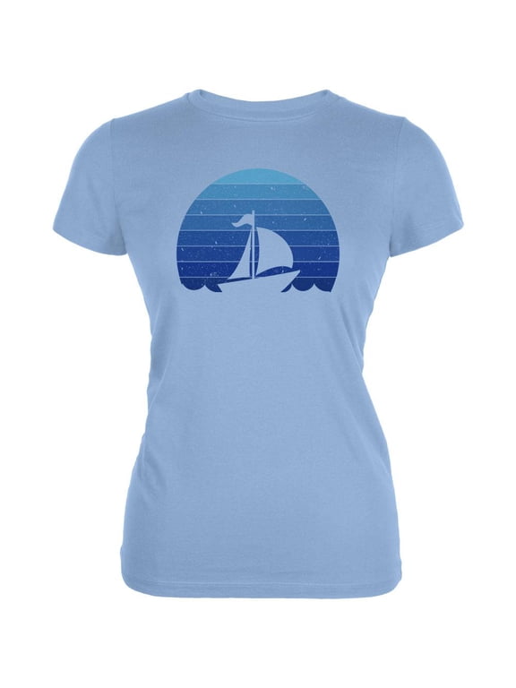 Marina Ocean Sail Boat Silhouette Retro Sunset Blue Juniors Soft T Shirt Light Blue MD