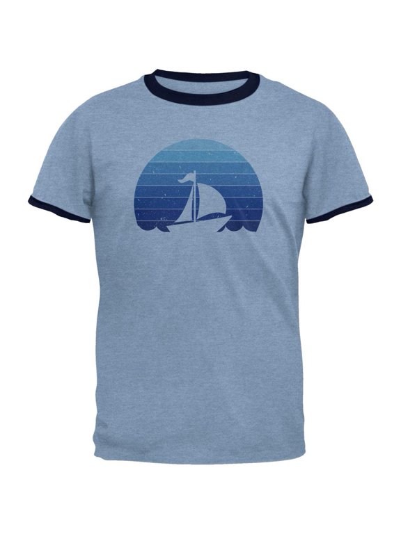 Marina Ocean Sail Boat Silhouette Retro Sunset Blue Mens Ringer T Shirt Heather Blue-Navy SM