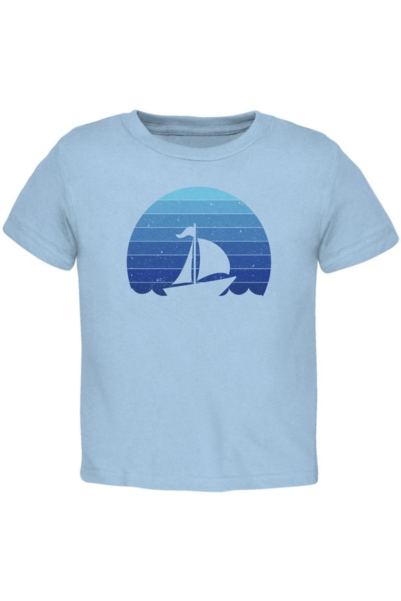 Marina Ocean Sail Boat Silhouette Retro Sunset Blue Toddler T Shirt Light Blue 2T