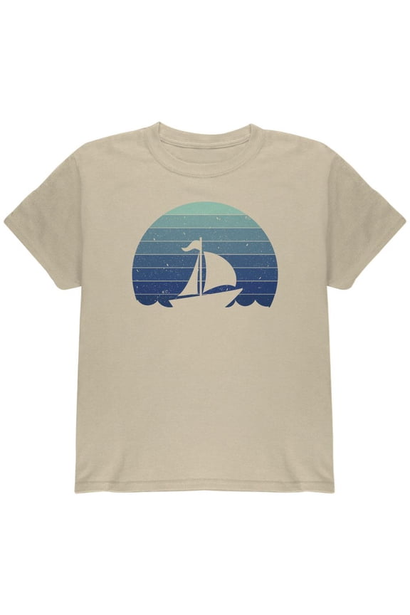 Marina Ocean Sail Boat Silhouette Retro Sunset Blue Youth T Shirt Sand YXL