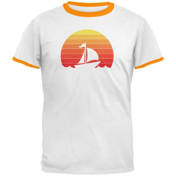 Marina Ocean Sail Boat Silhouette Retro Sunset Mens Ringer T Shirt White-Gold LG