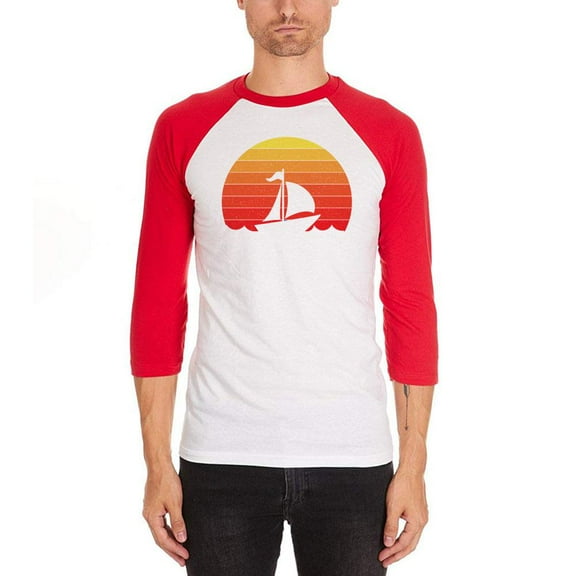 Marina Ocean Sail Boat Silhouette Retro Sunset Mens Soft Raglan T Shirt White-Red 2XL