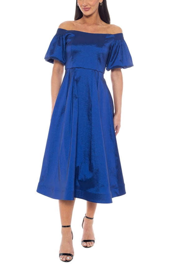Off-the-Shoulder Short Puff Sleeves Fit and Flare Silhouette Taffeta Dress Color: ROYAL, Size: S