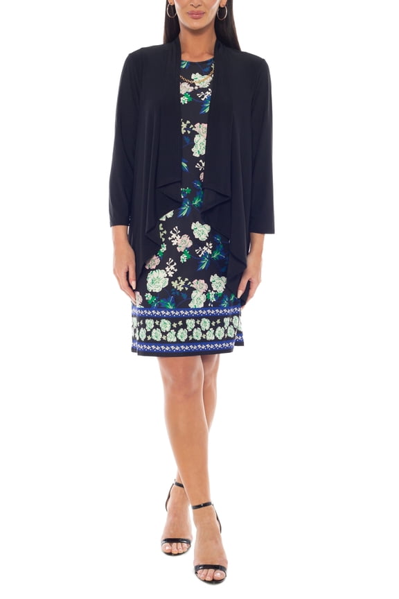 Round Neckline Floral Print Sleeveless Dress Three-Quarter Sleeve Jacket With Necklace Color: BLACK MULTI, Size: 12